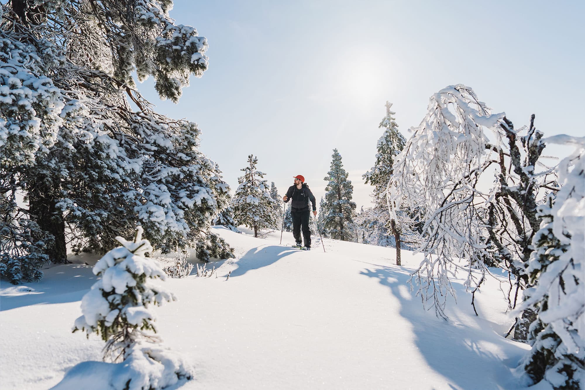 One person splitboarding in easy terrain in Ylläs-Pallas National Park. Guided by Taneli Roininen, Janne Koivistoinen and Antte Lauhamaa.